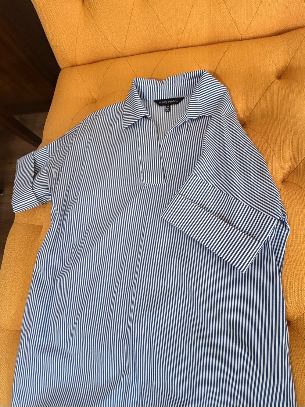 This Ming Wang blue and white vertical pinstripe shirtdress.